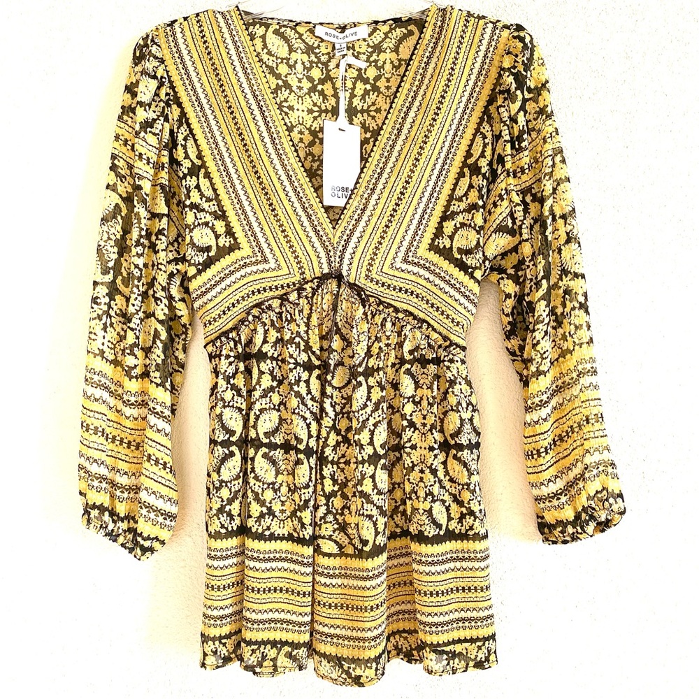 Flowy Boho Blouse Billowy Long Sleeves | Size: Small | Color: Black + Ye…